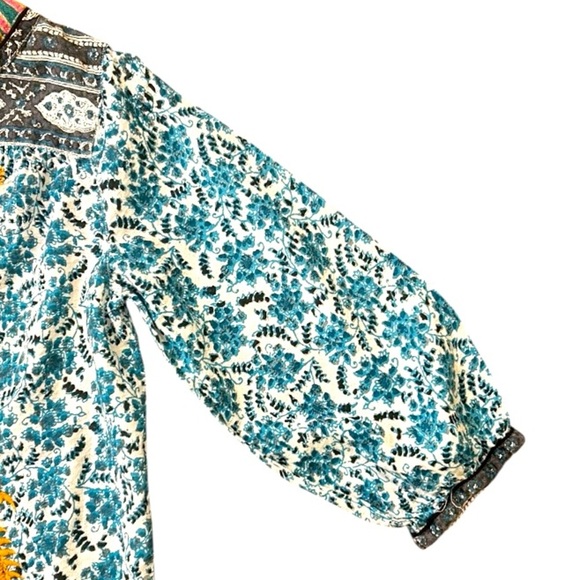 John Mark Boho Embroidered Floral 3/4 Sleeve Peasant Tunic Top Turquoise Small - Picture 6 of 15
